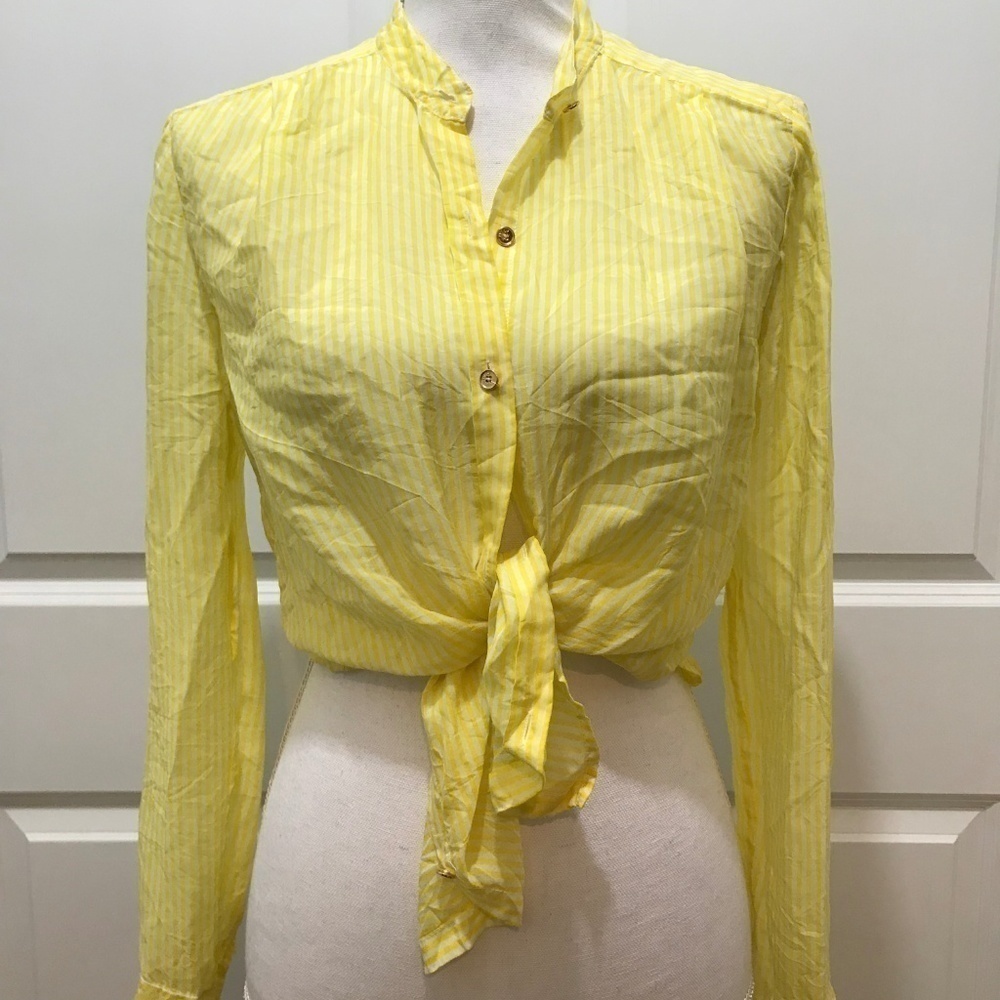 Juicy Couture Yellow & White Striped 100% Silk Mandarin Collar Blouse
